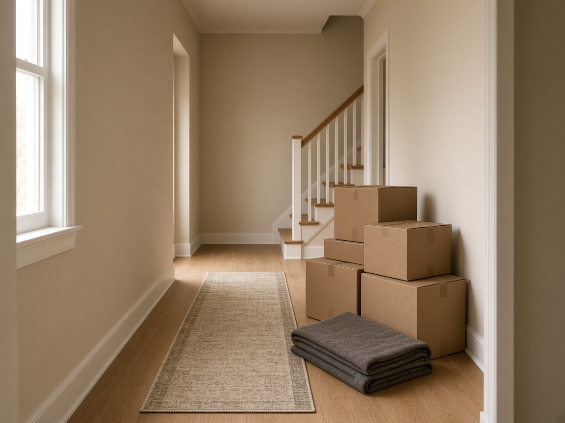 Household cleanout hallway with boxed goods ready for haul